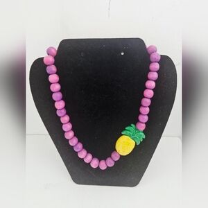 Handpainted Tropical Hawaiian Purple Wooden Beaded Necklace with Pineapple Charm